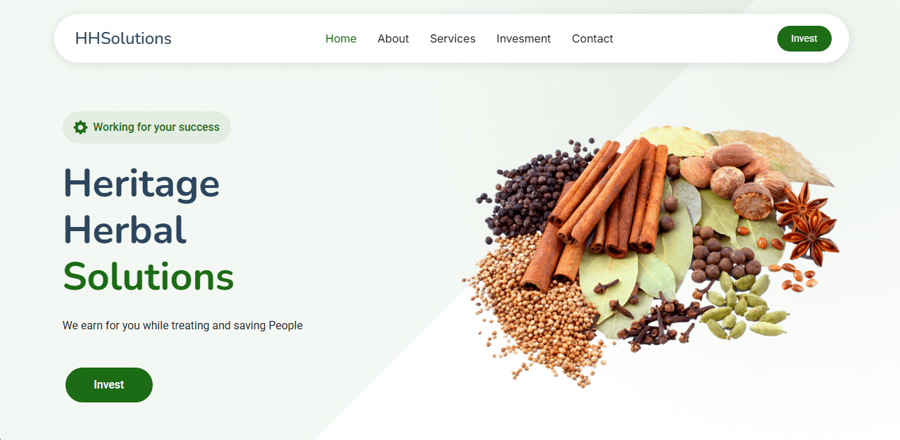 Heritage Herbal Solutions homepage: the site name in large type beside a pile of herbs and spices, with the main navigation and call-to-action buttons.